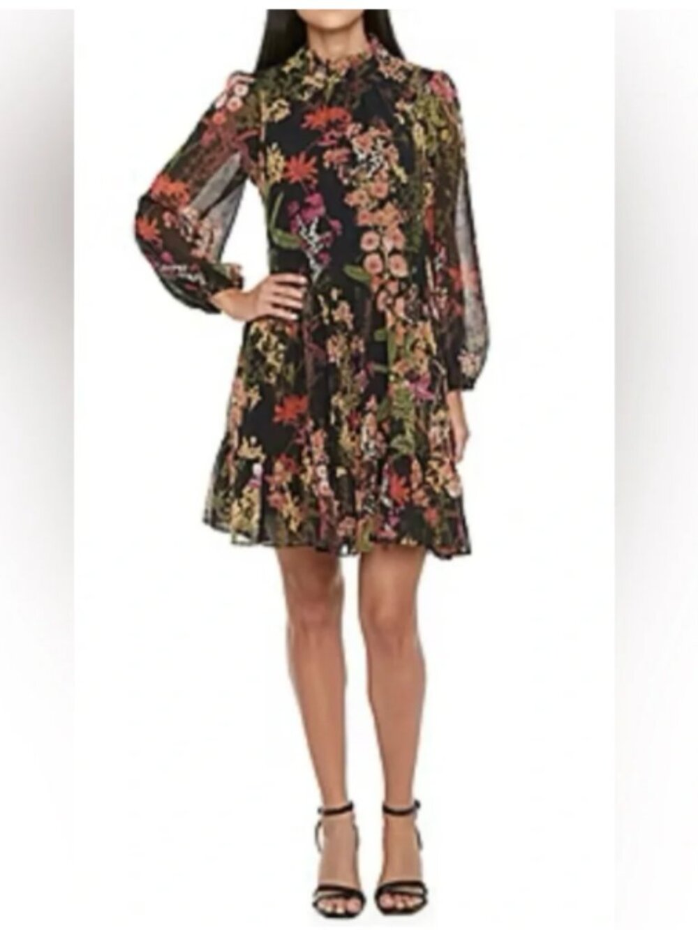 Melonie T Floral Mini Dress Black Multicolor Long Sleeve Size 18